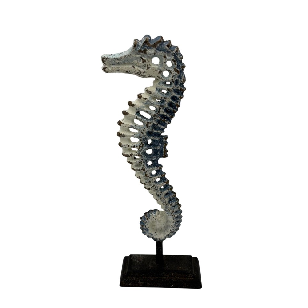 Rustic Cast Iron Seahorse Figurine Distressed White Blue Coastal Nautical Decor